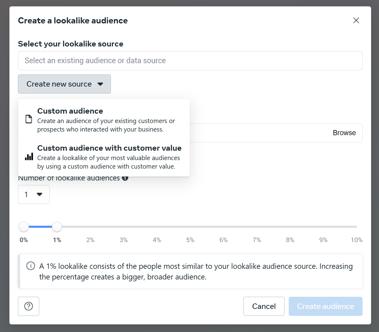 Lookalike audience creation UI in Meta ads