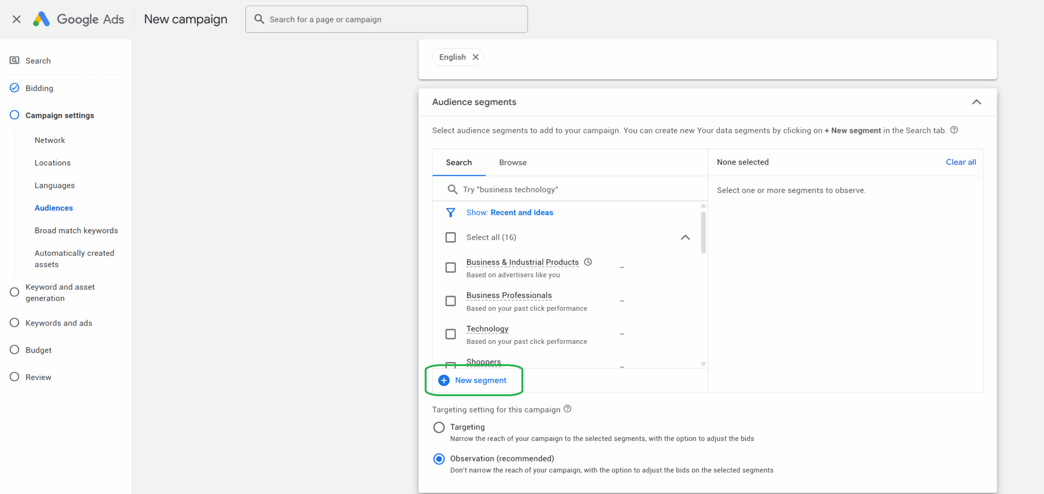 Where to find the new segment option in campaign creation