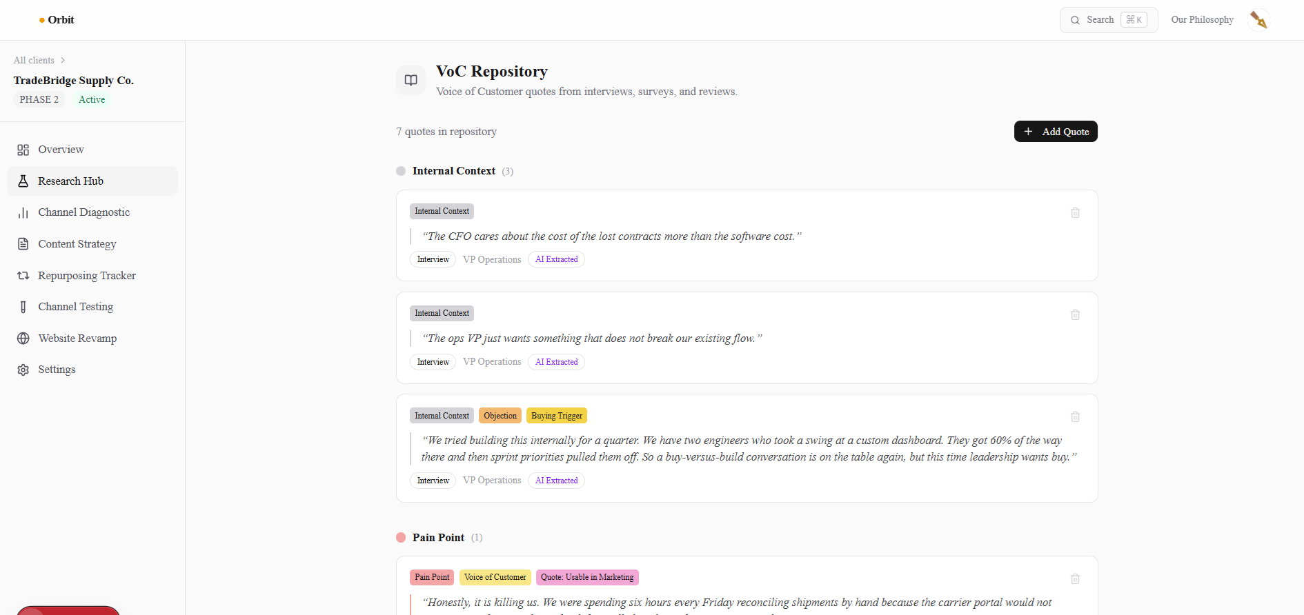 A dashboard of Rachel Go's CMO tool that she's building with AI tools, showing a Voice of Customer repository.