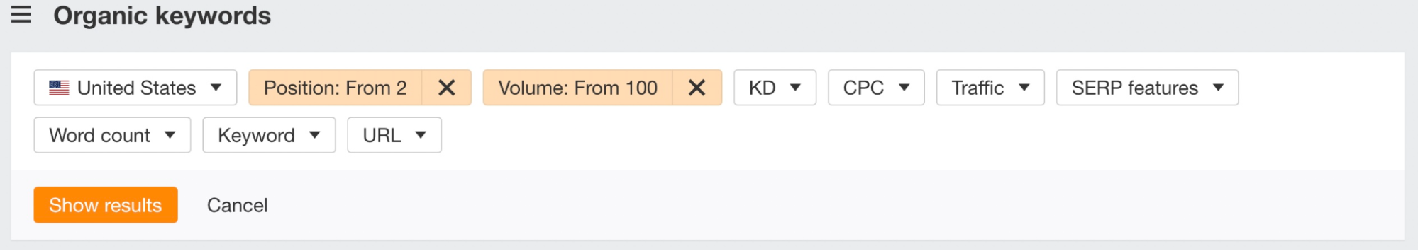 Organic keywords with volume greater than 100