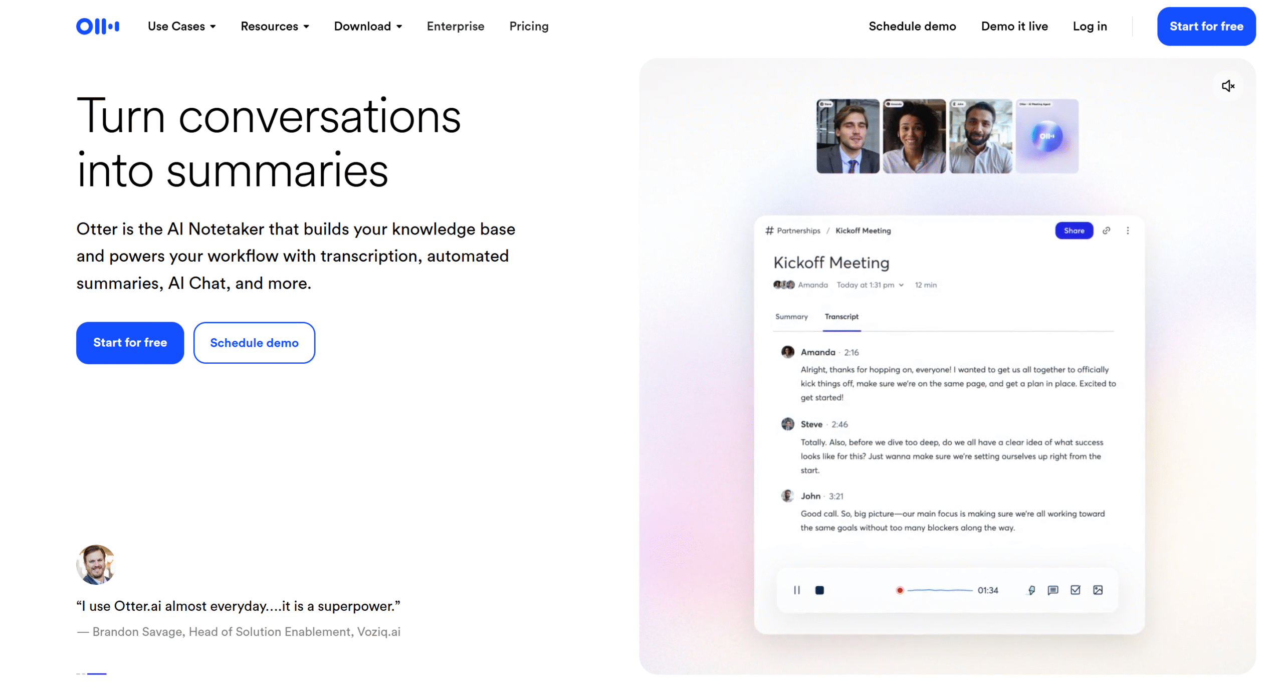 Otter.ai homepage: 'Turn conversations into summaries', with a sample kickoff-meeting transcript next to a video call