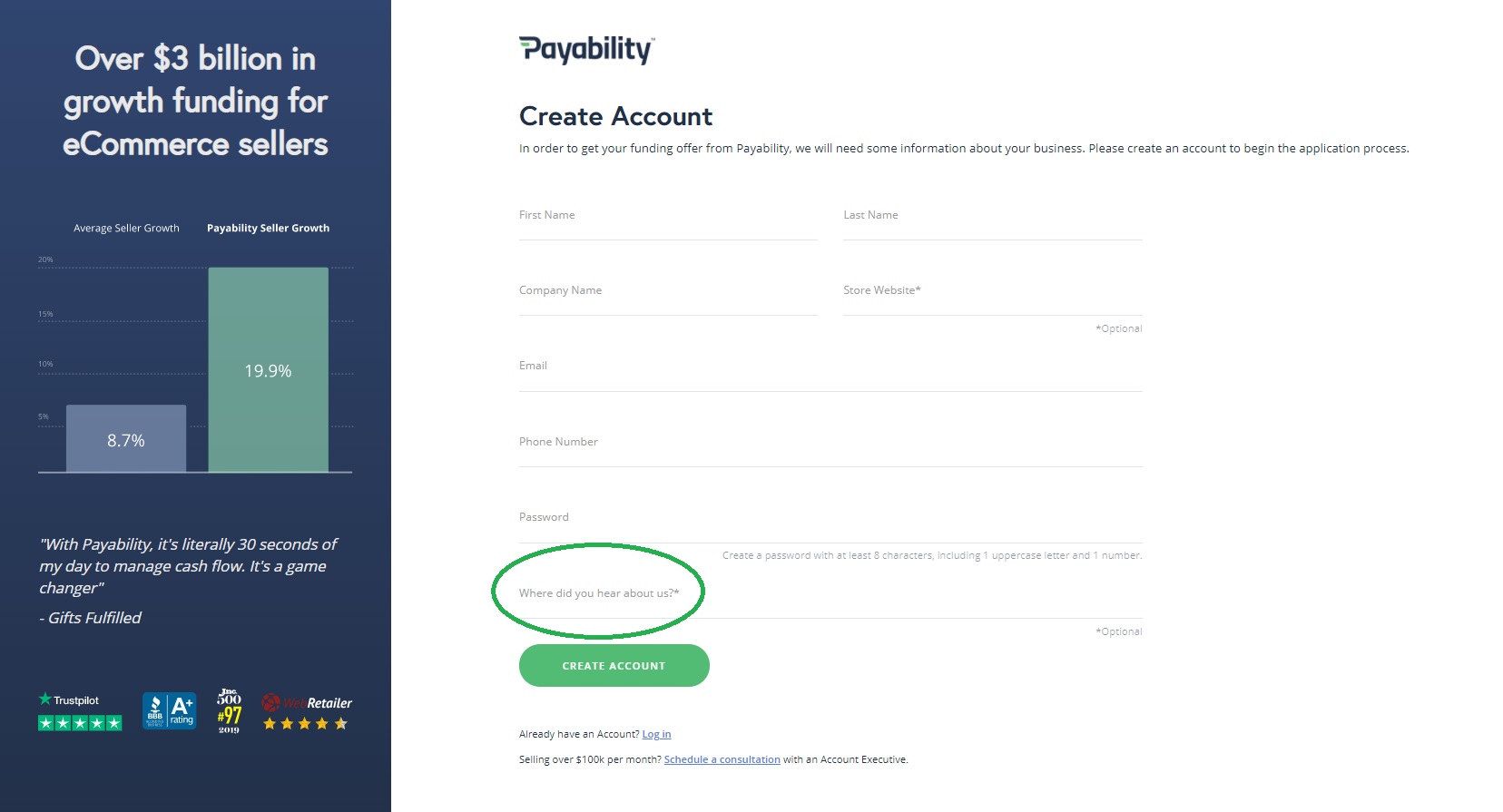 Payability sign up form asking registrants where they heard about them