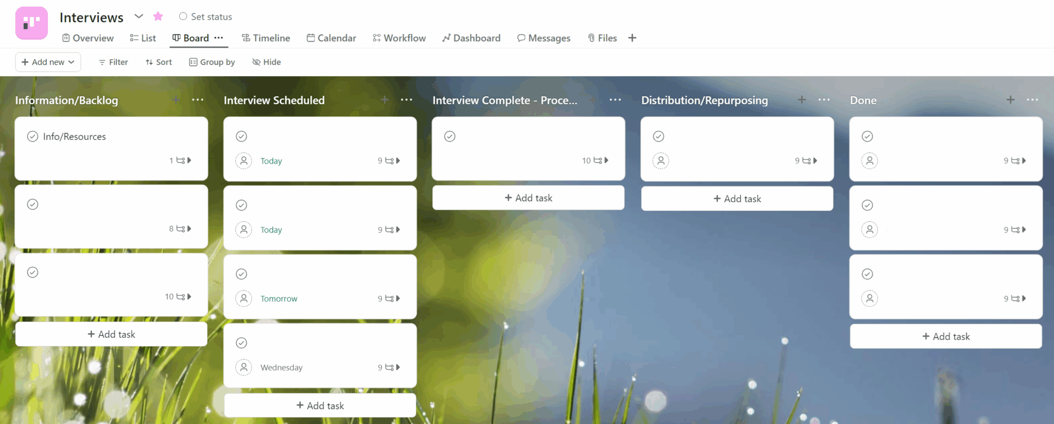Preview of our Asana board of interview tracking