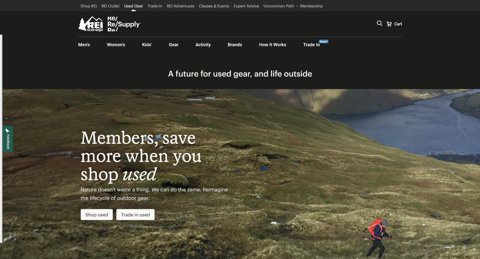 REI Re/Supply used-gear page: 'A future for used gear, and life outside' and 'Members, save more when you shop used', with Shop used and Trade in used buttons