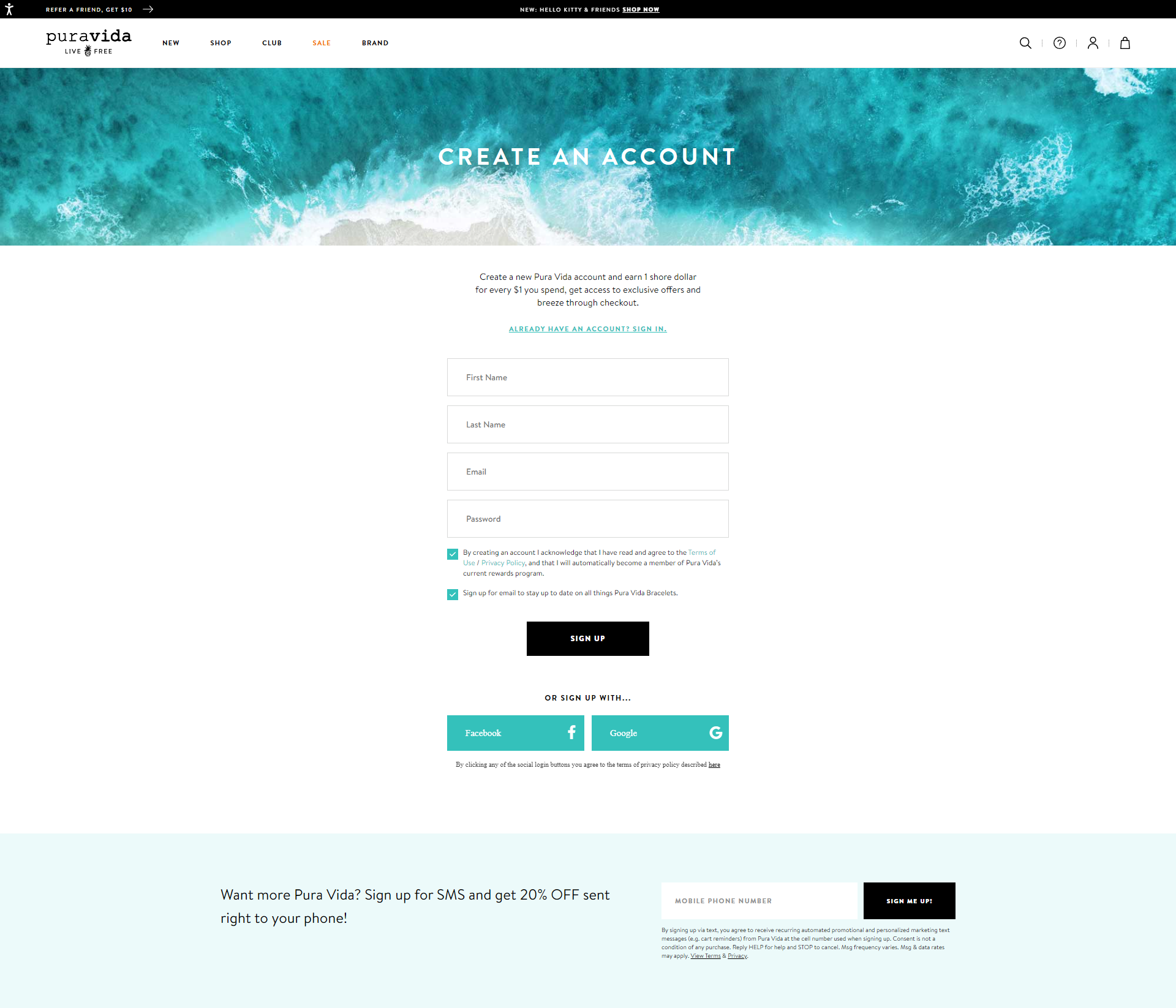 Pura Vida create an account