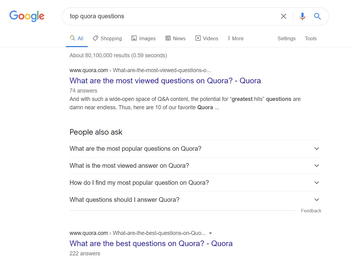 Quora in search results