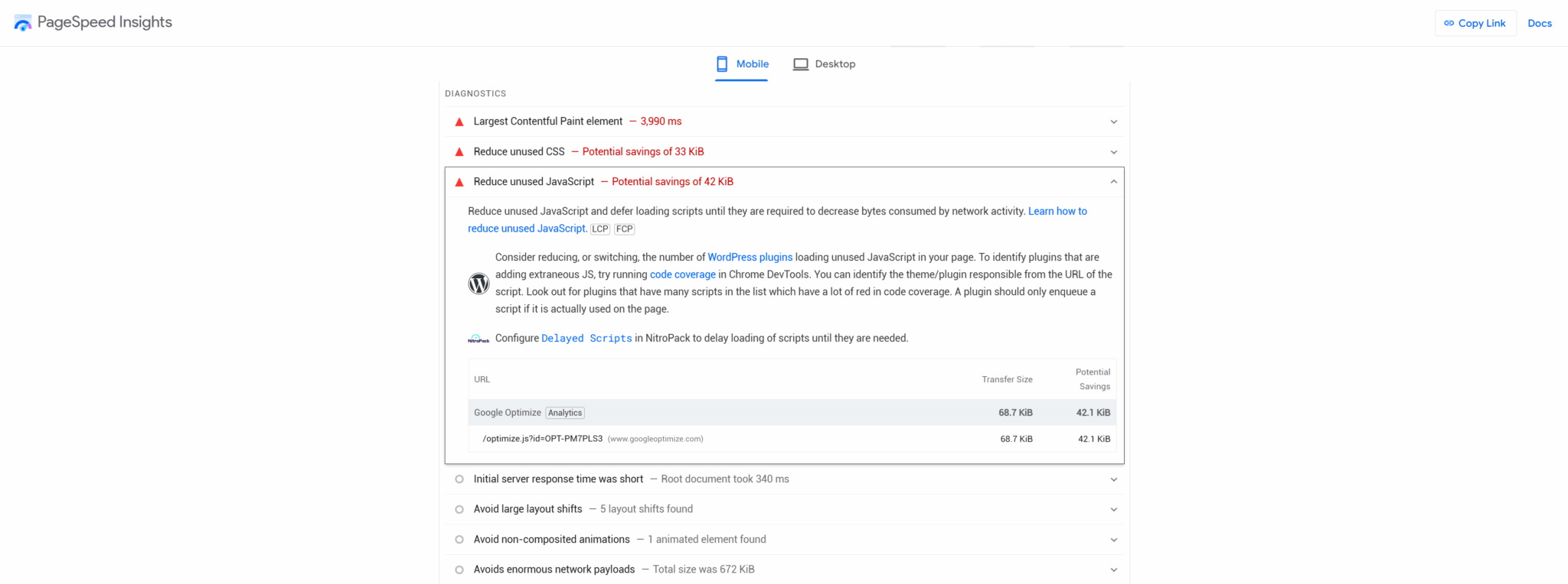 RGO pagespeed insights