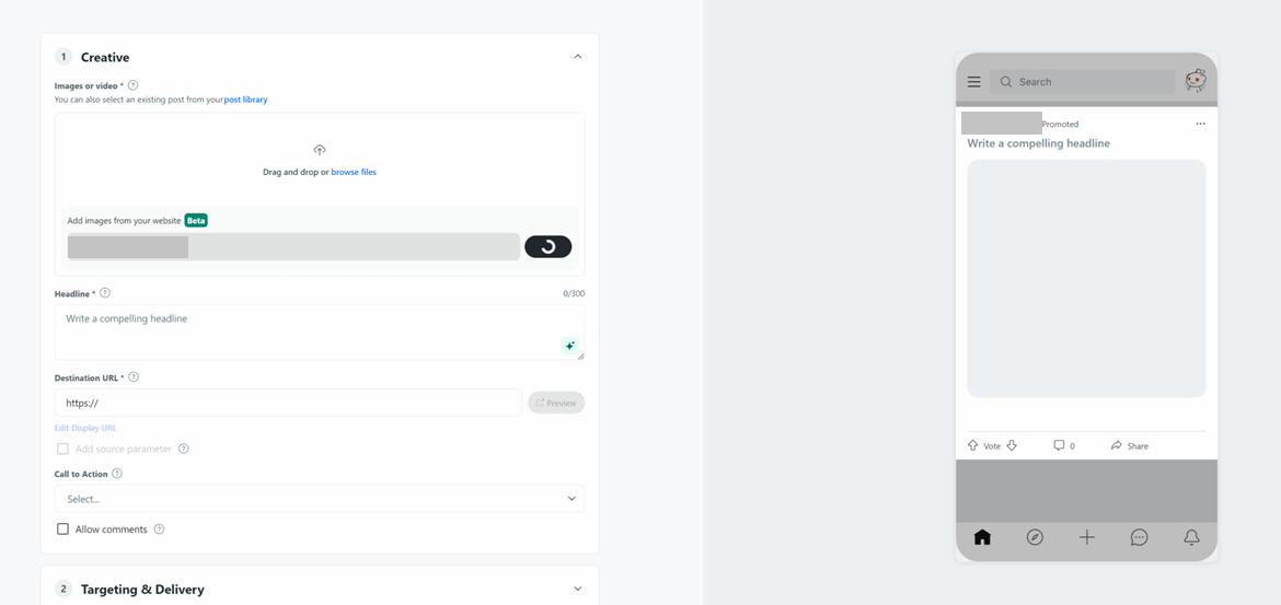 Reddit Ads creative step: image upload, headline, destination URL and call-to-action fields beside a mobile preview of the promoted post