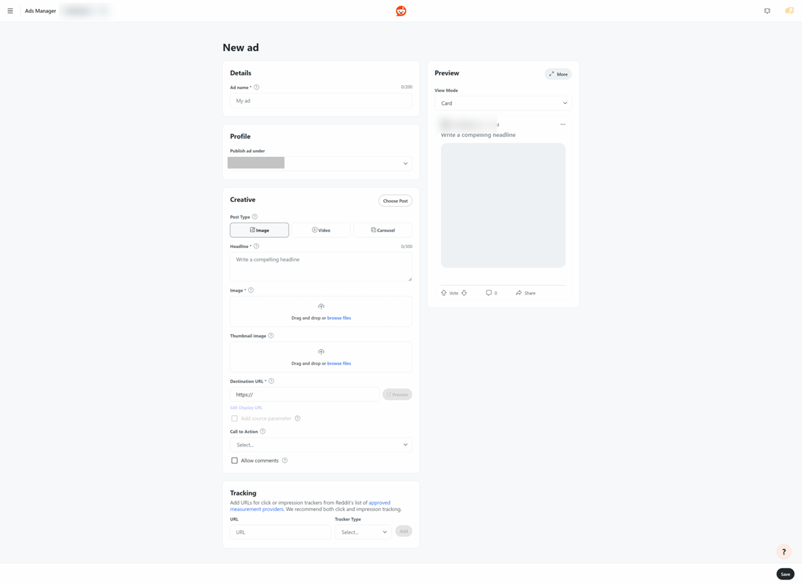 Reddit Ads Manager 'New ad' form: ad name, profile, creative (image, video or carousel), destination URL, call to action and tracking, with a card preview