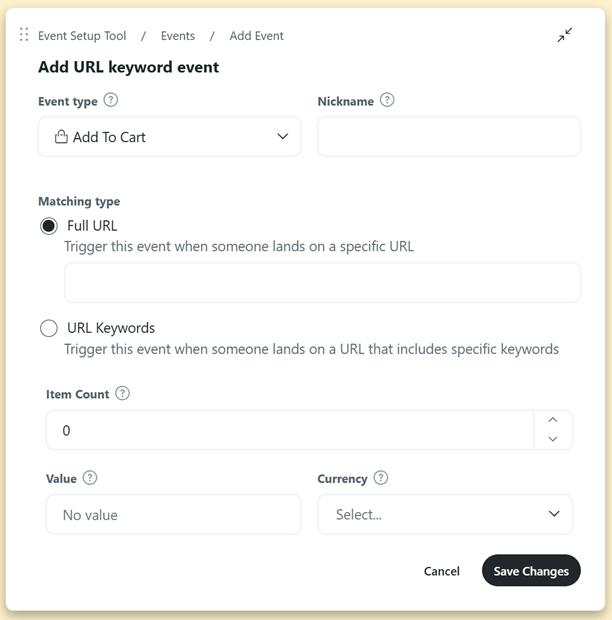 Reddit Pixel 'Add URL keyword event' dialog: event type Add To Cart, matching type Full URL or URL Keywords, item count, value and currency