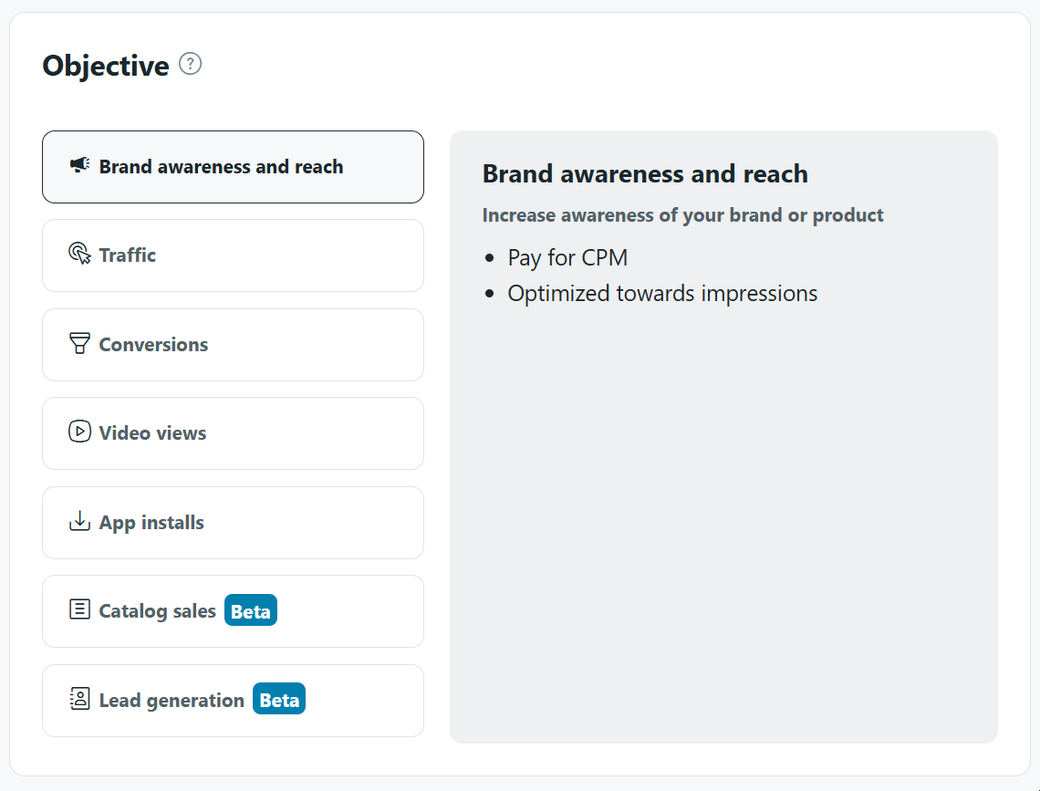 Reddit Ads Objective picker cycling through Brand awareness, Traffic, Conversions, Video views, App installs, Catalog sales and Lead generation, with each definition
