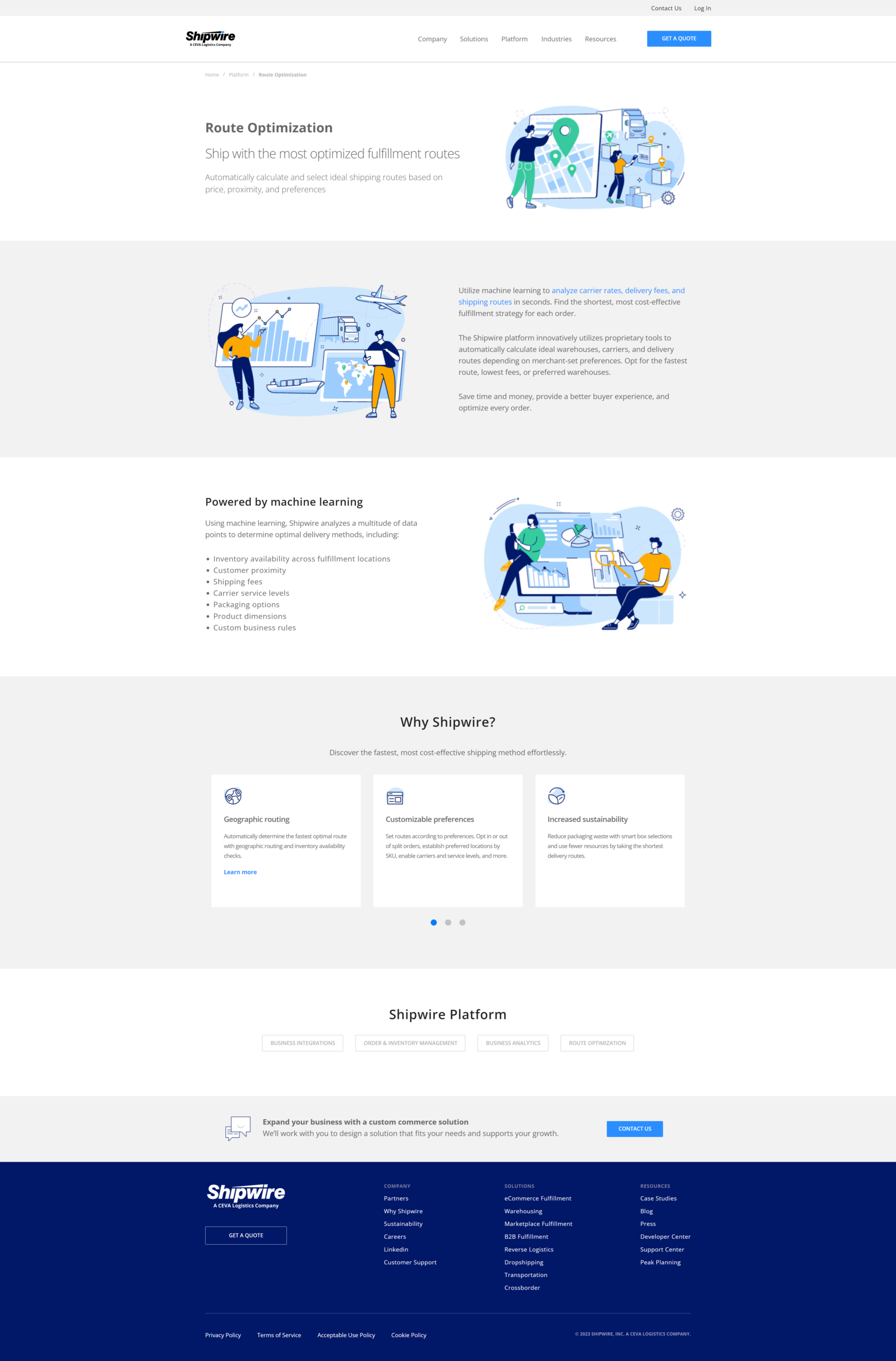 Shipwire route optimization platform page covering shipping logic + carrier selection.
