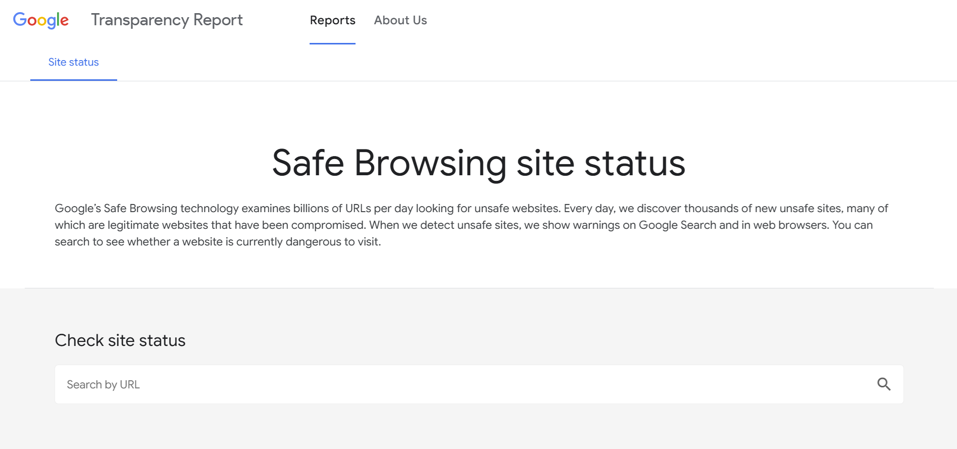 Google Transparency Report, Safe Browsing site status page with a 'Check site status' search-by-URL field