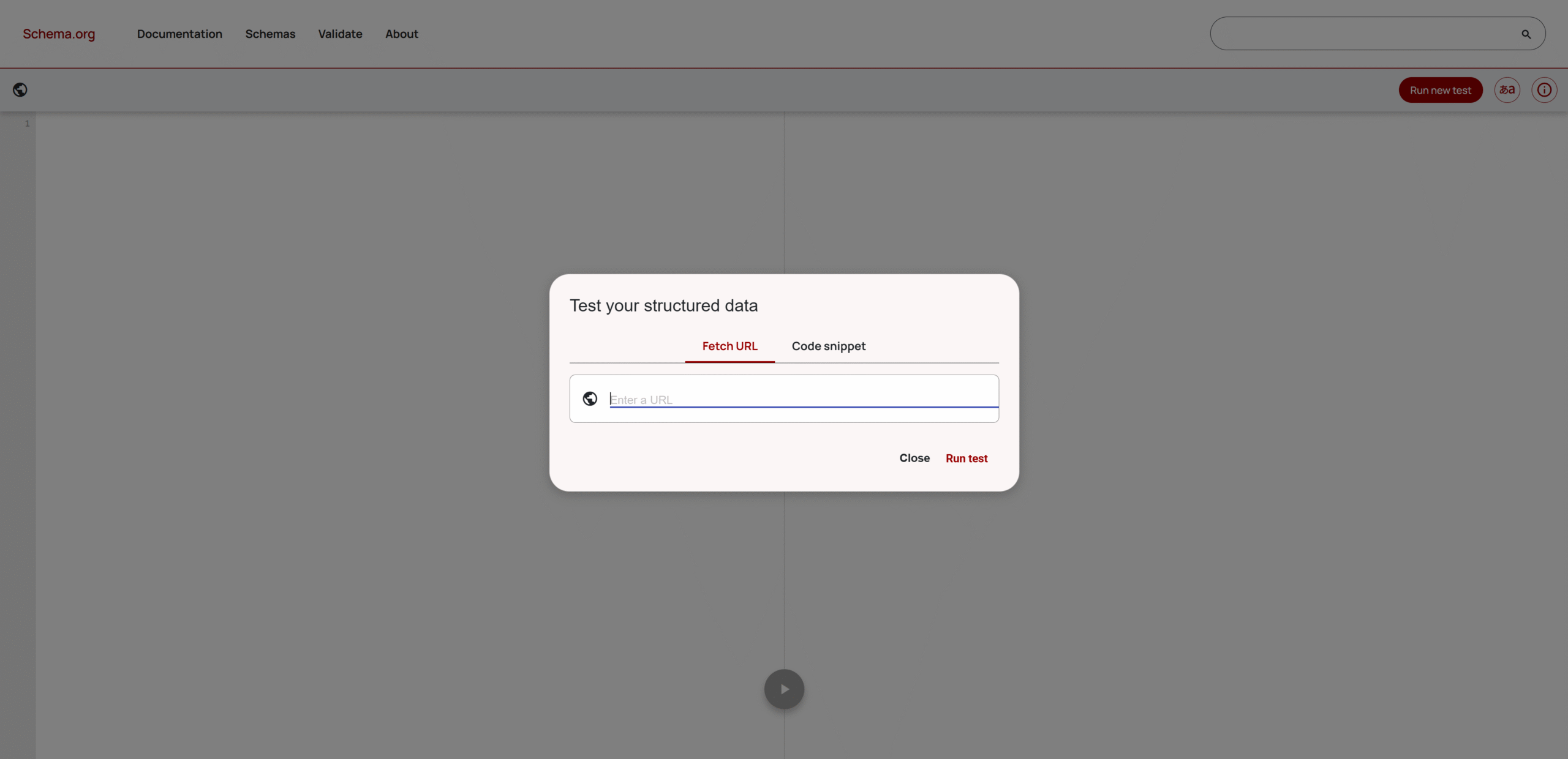 Schema.org Schema Markup Validator with the 'Test your structured data' dialog open on the Fetch URL tab