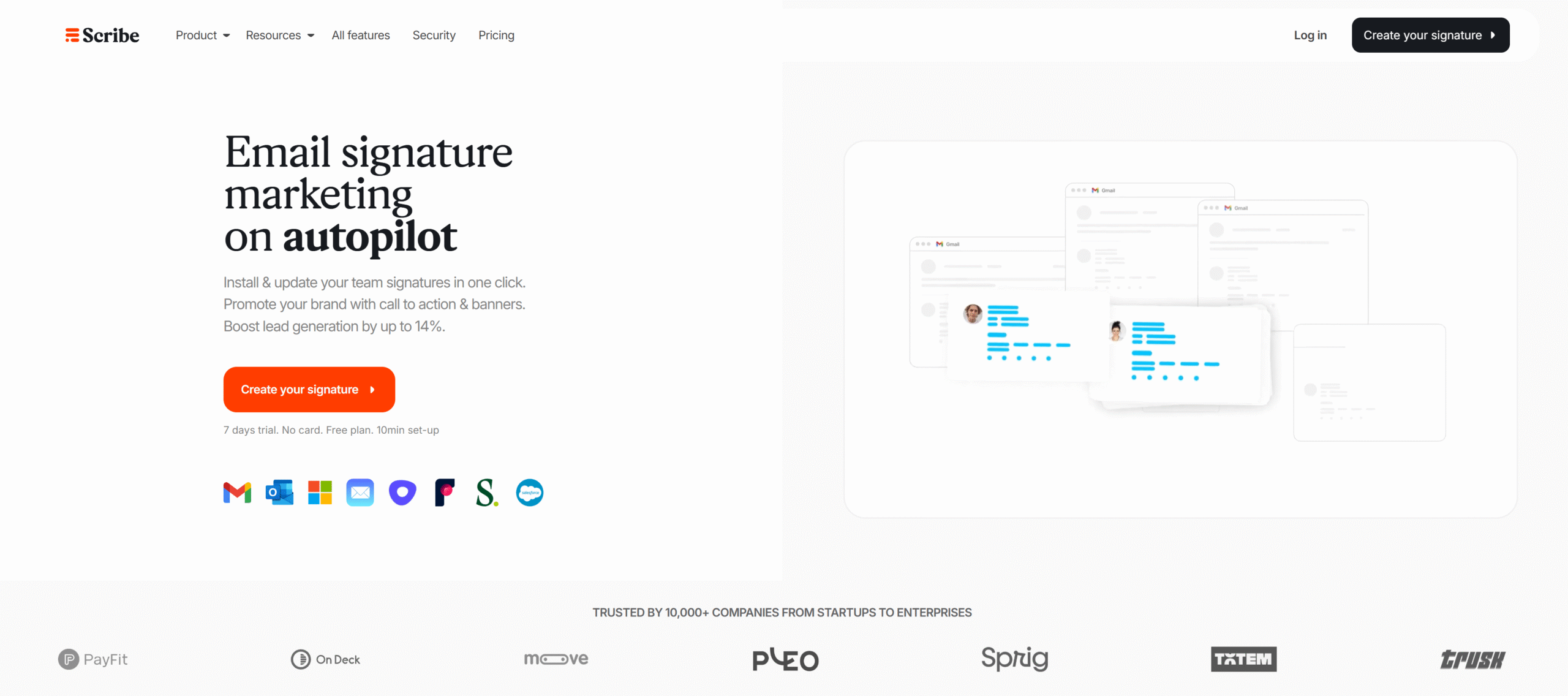 Scribe homepage: 'Email signature marketing on autopilot', with Gmail, Outlook and other email client icons and customer logos