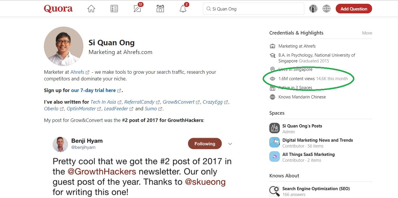 Si Quan Ong Quora marketing