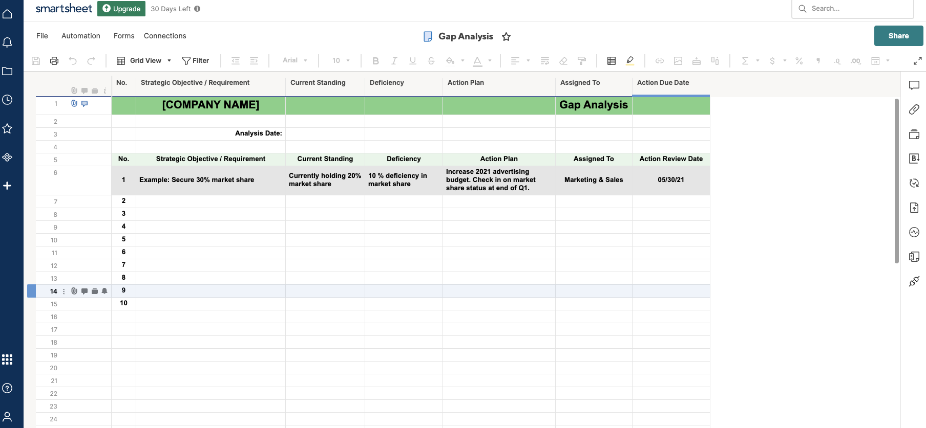 Smartsheet competitive analysis template