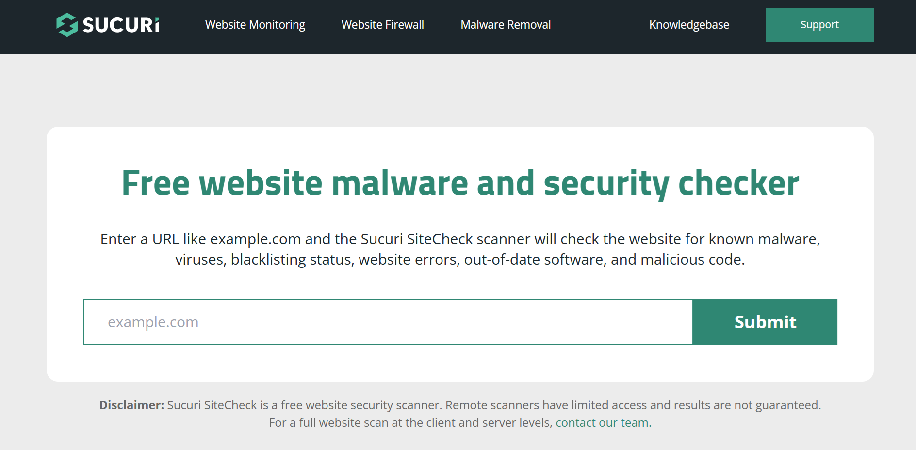 Sucuri SiteCheck: 'Free website malware and security checker' with a URL field and Submit button