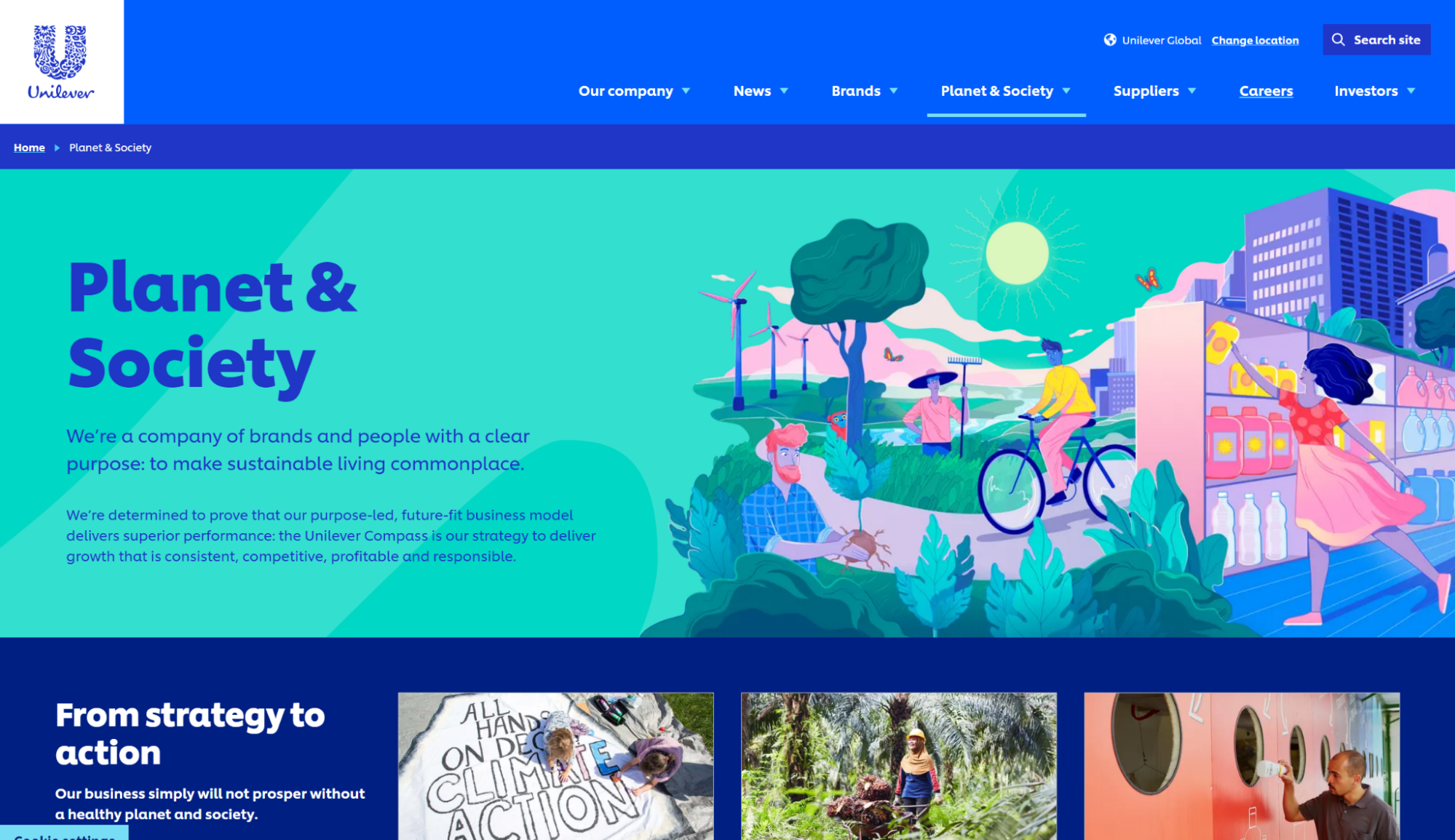 Unilever Planet & Society page: 'to make sustainable living commonplace', with an illustration of people planting, cycling and shopping