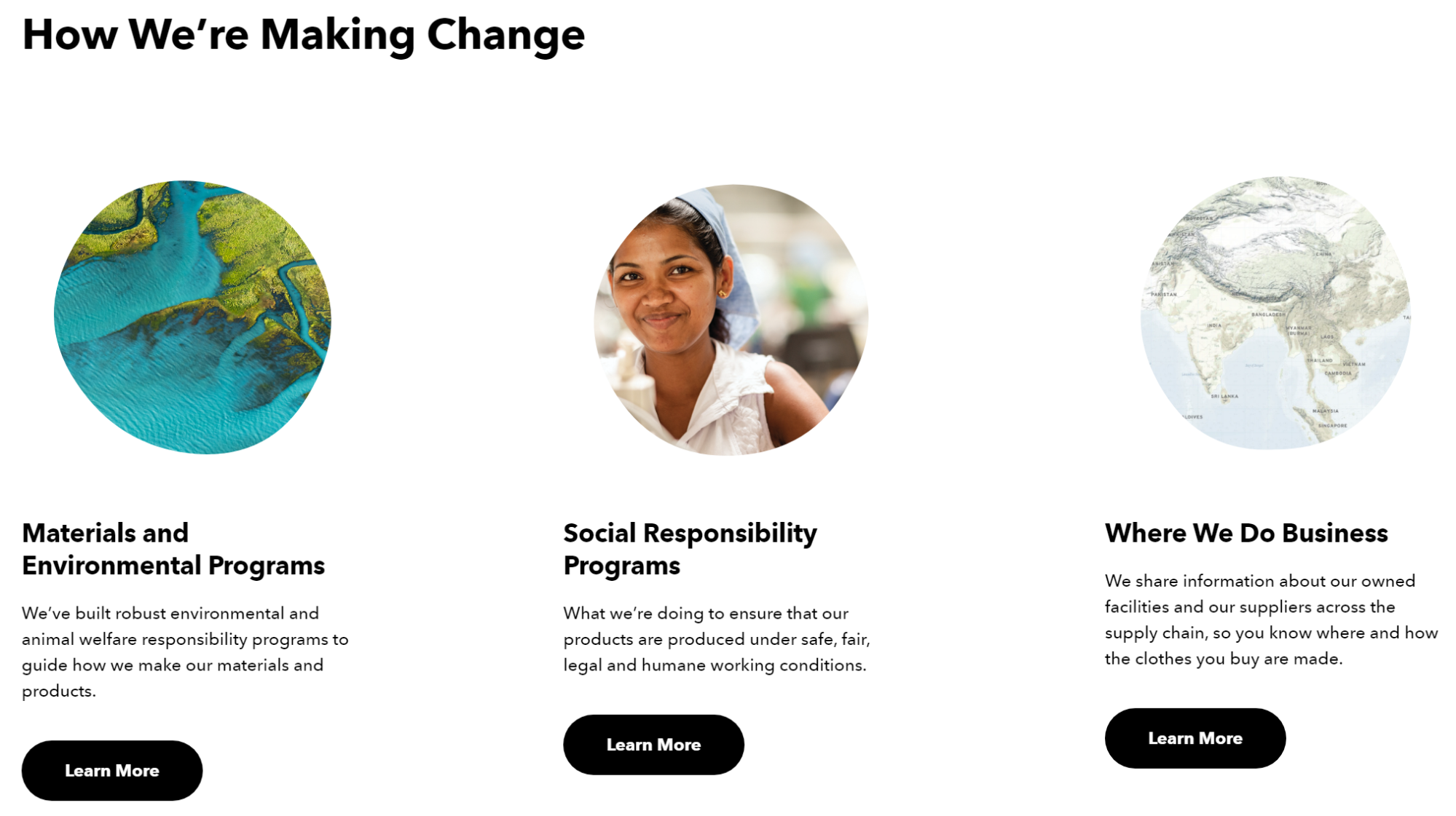 Patagonia 'How We're Making Change' page with three sections: Materials and Environmental Programs, Social Responsibility Programs, and Where We Do Business