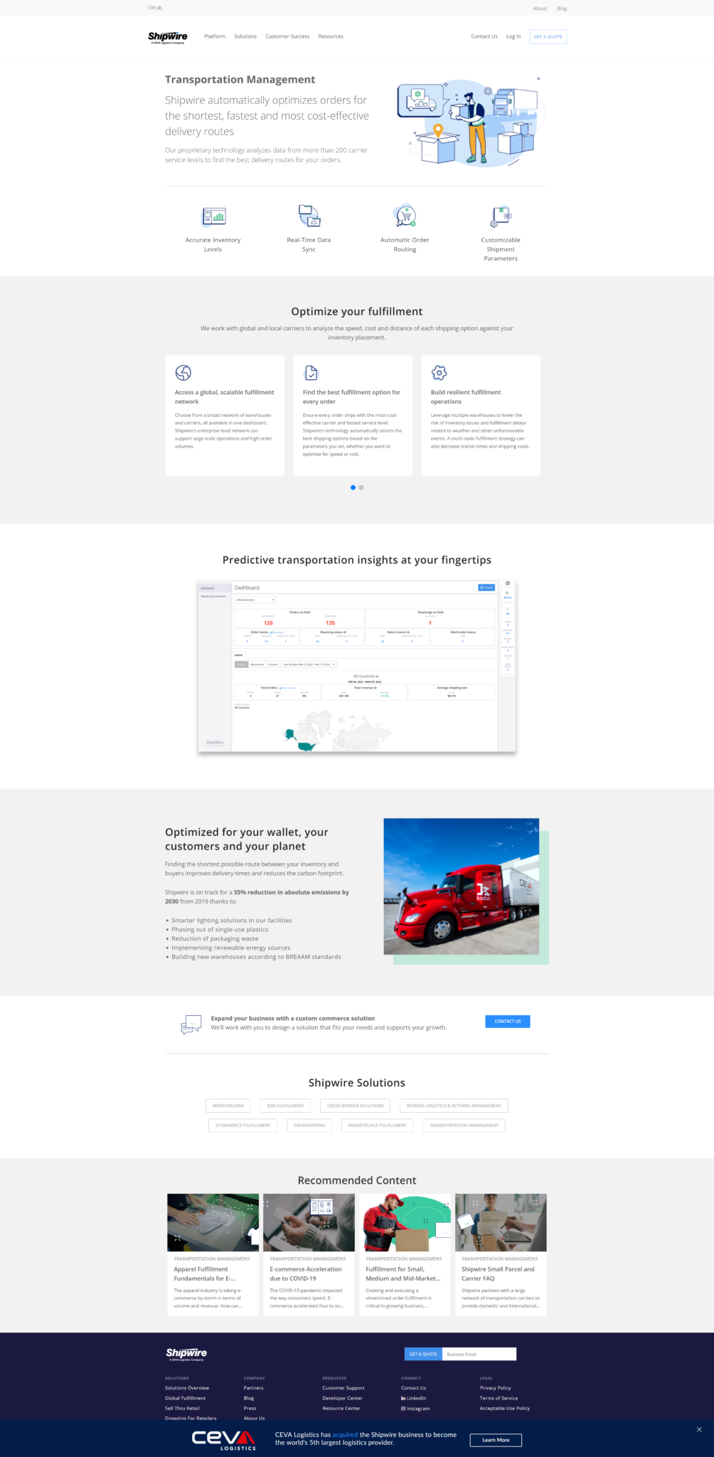 Shipwire transportation management solutions page covering freight + LTL + parcel.