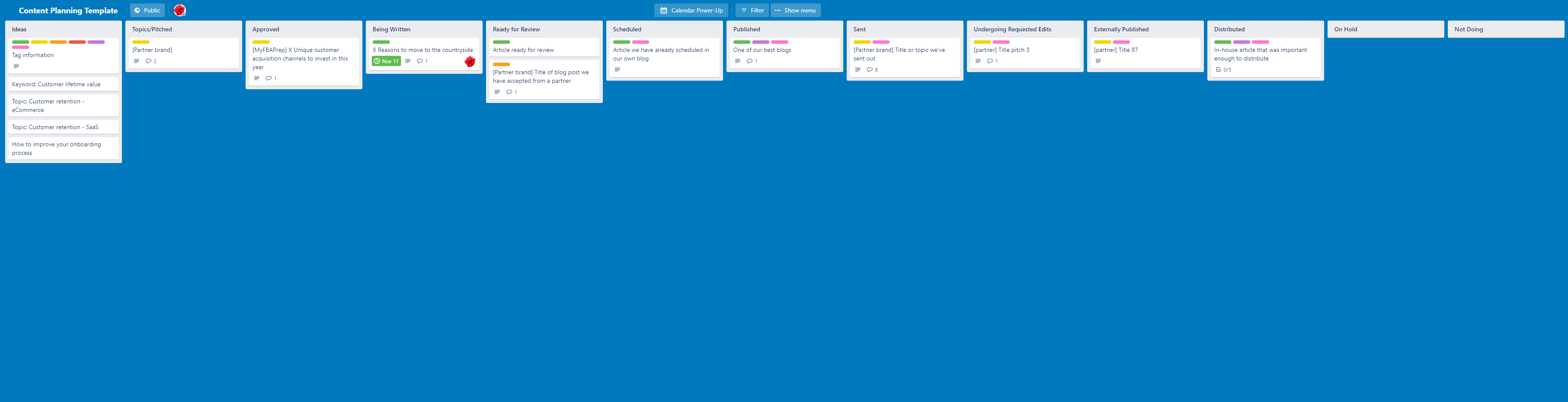 Trello content planning board