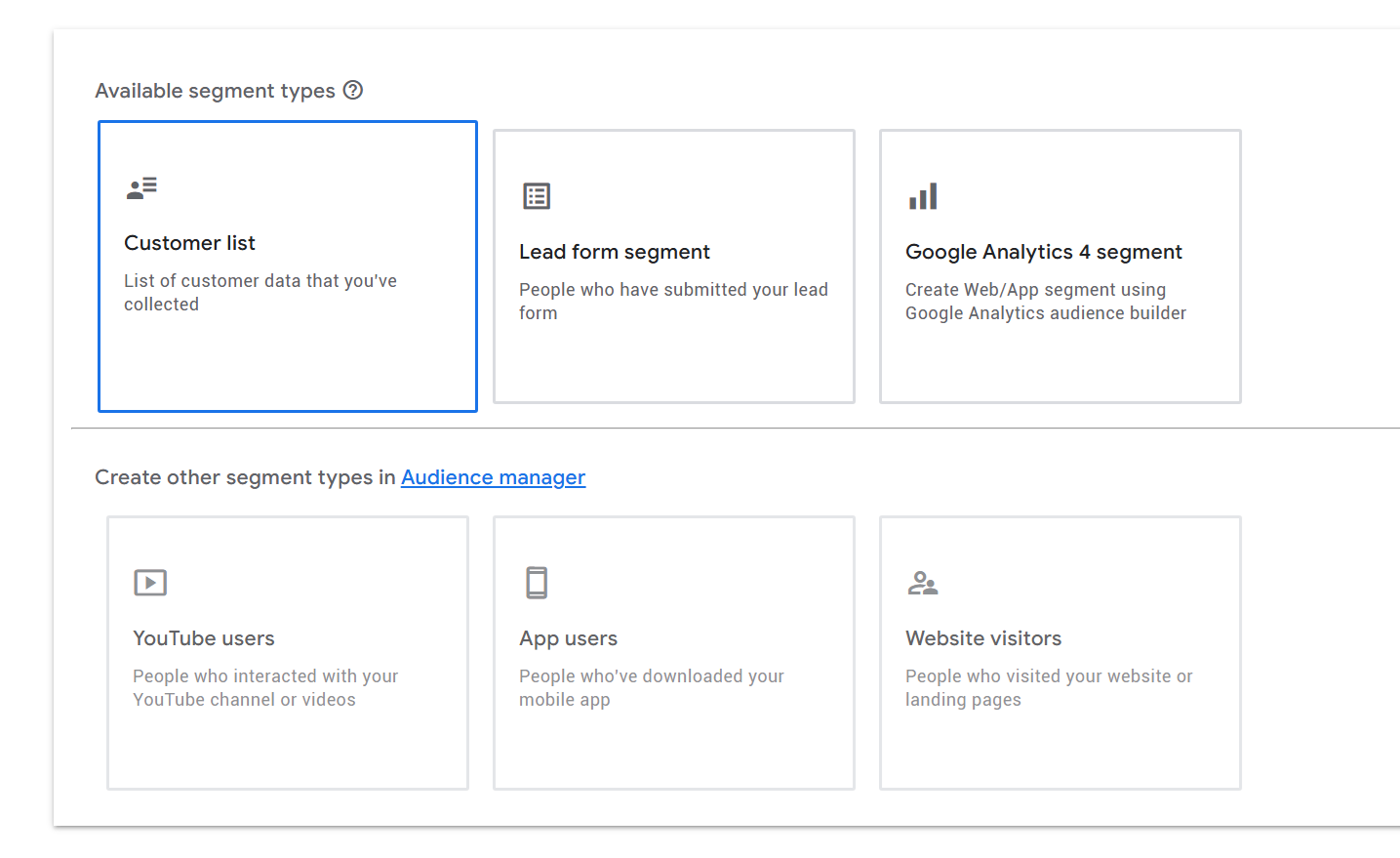 Option to select how to upload a new list or segment
