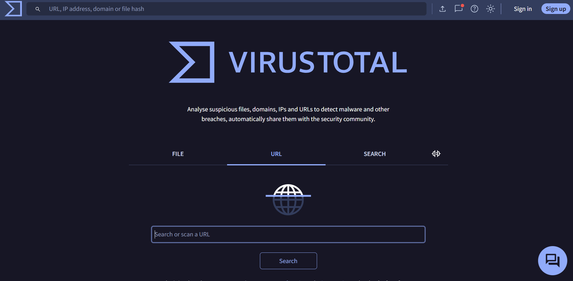 VirusTotal homepage with the URL tab selected and a 'Search or scan a URL' field