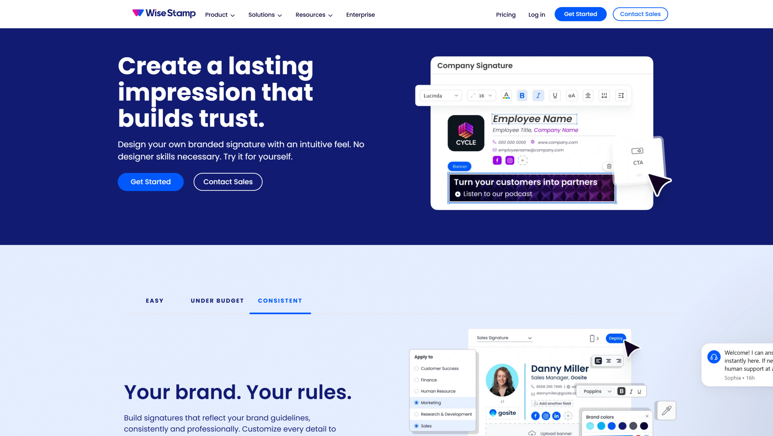 WiseStamp homepage: 'Create a lasting impression that builds trust', with the signature editor showing a company template with banner and call-to-action