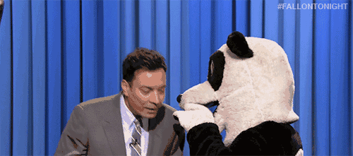 Jimmy Fallon whispering to a person in a panda costume on The Tonight Show: the word you whisper when no customers are around to hear it