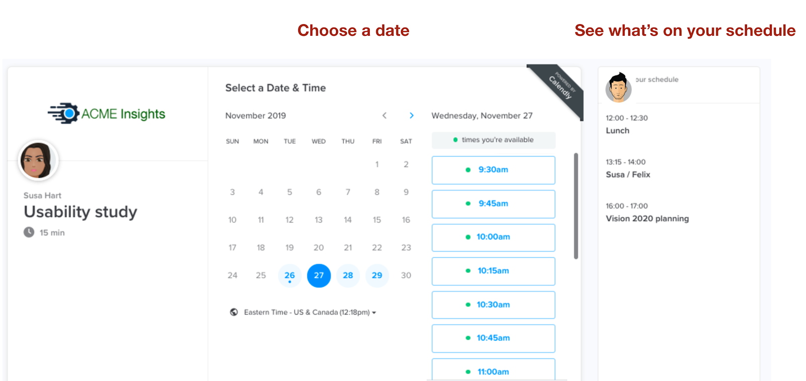 Calendly booking page with a date picker and available time slots next to a personal schedule