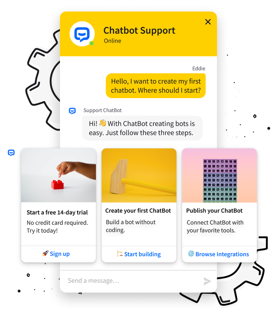 ChatBot support widget answering a first-time user with three onboarding cards