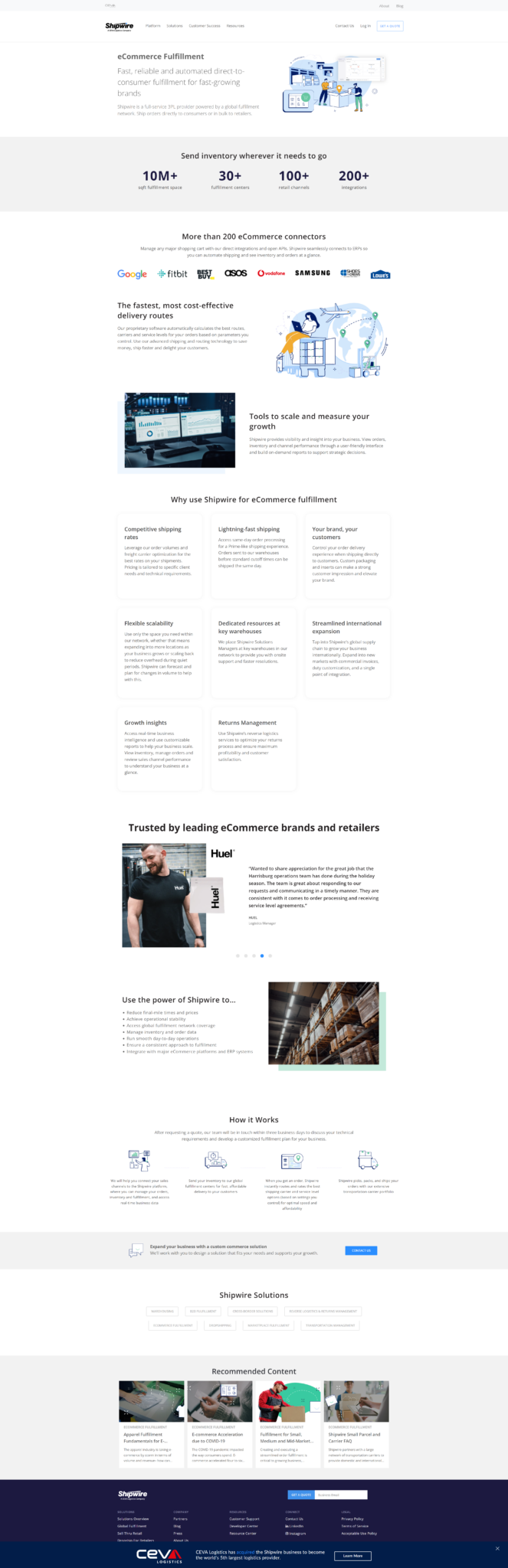 Shipwire eCommerce Fulfillment solutions page, showing the headline copy and section structure for the core DTC use case.