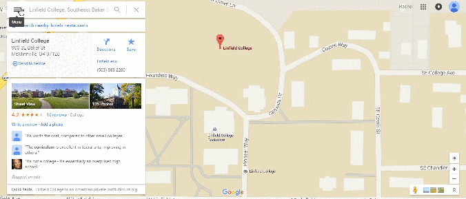 Step 2: the Linfield College location card open in Google Maps, with the menu button highlighted