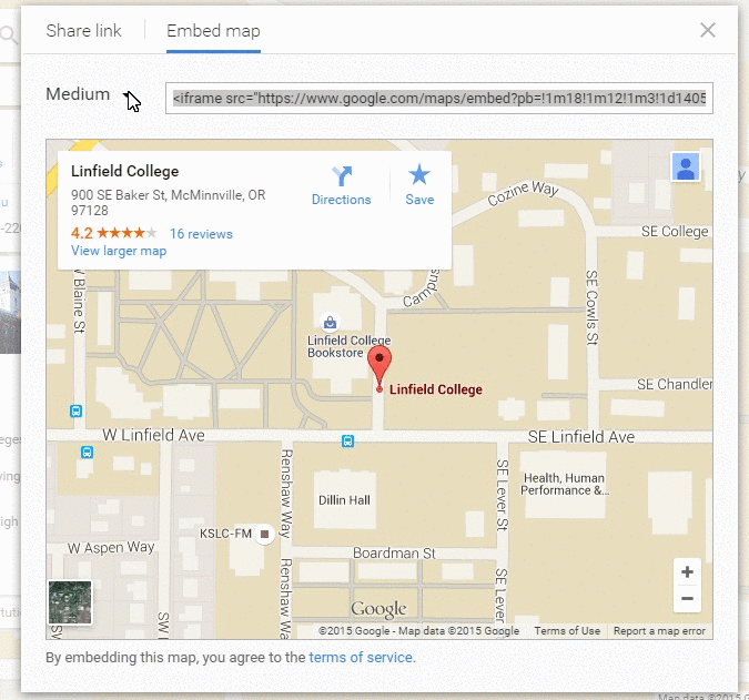 Step 3: the Embed map tab with the iframe code and a Medium size selector