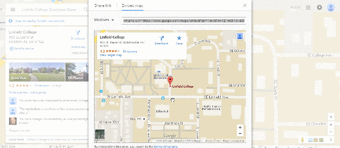 Step 4: the Google Maps Embed map dialog with the iframe embed code selected for copying