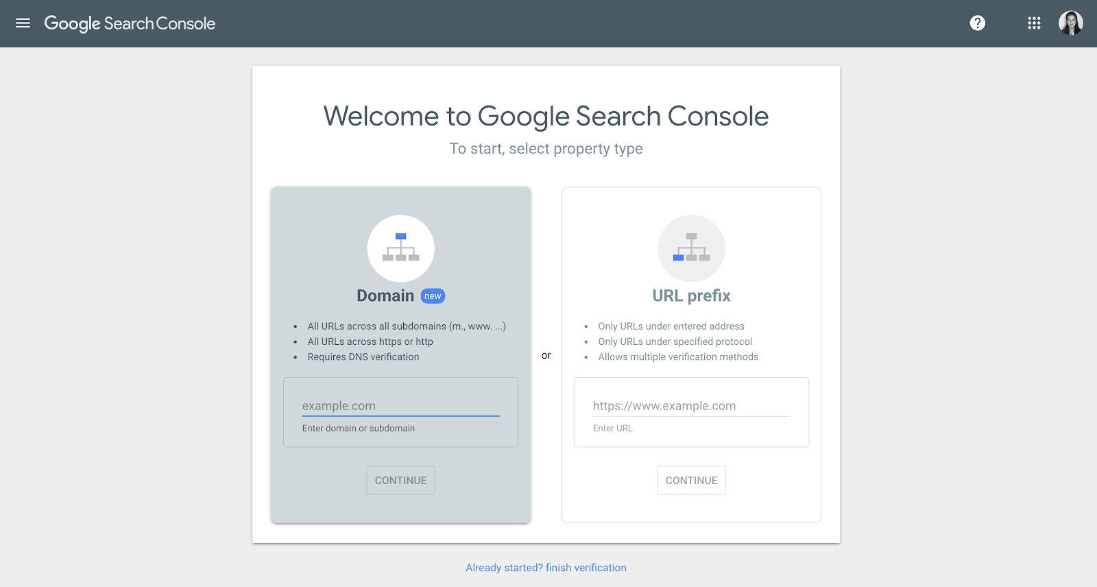 Google Search Console welcome screen asking to choose a Domain or URL-prefix property