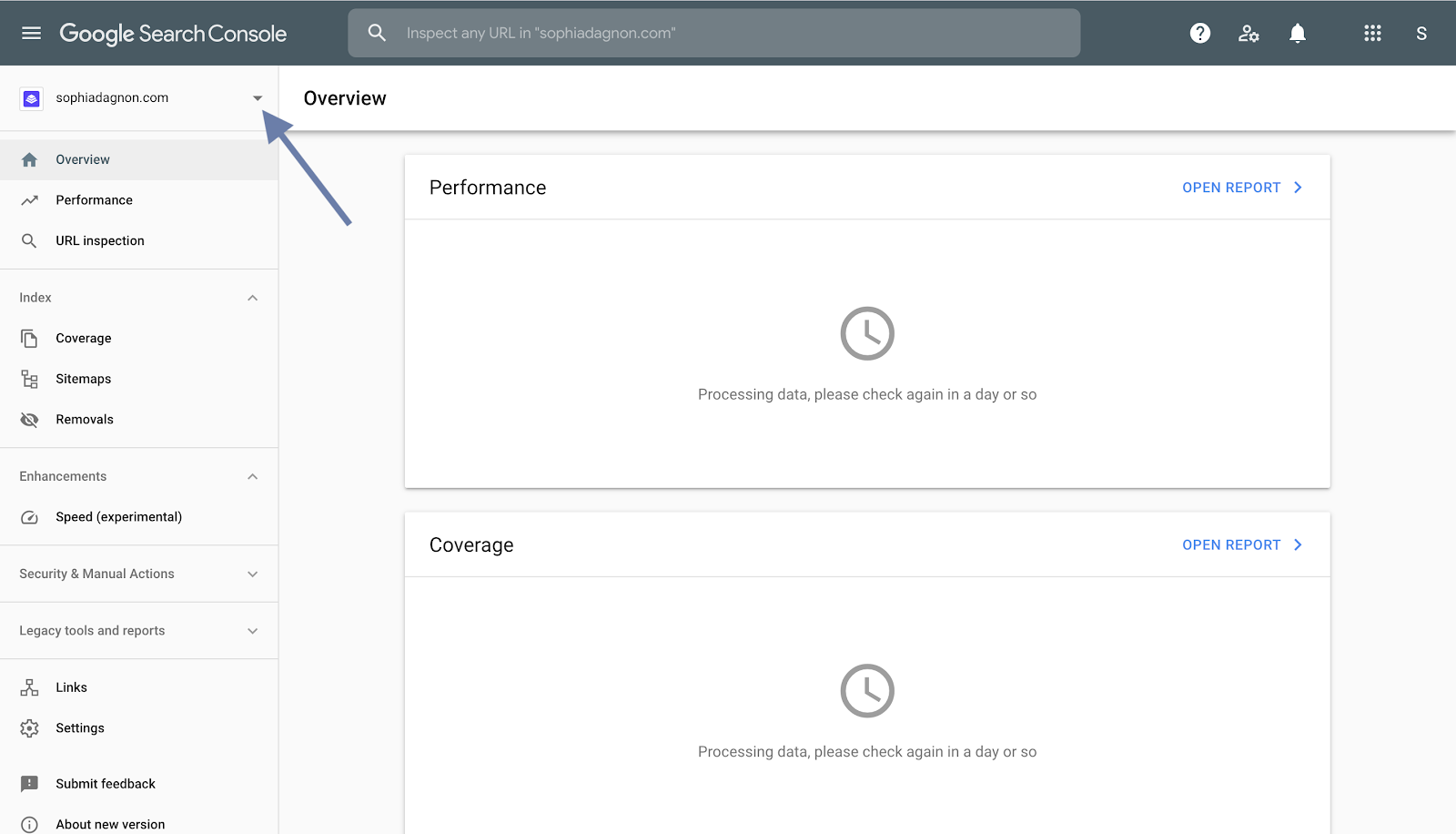 Google Search Console overview with an arrow pointing at the property selector