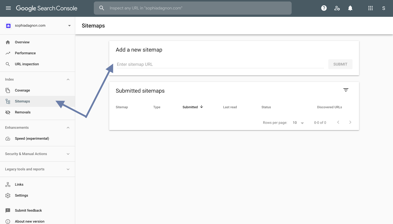 Google Search Console Sitemaps page with the Add a new sitemap field highlighted