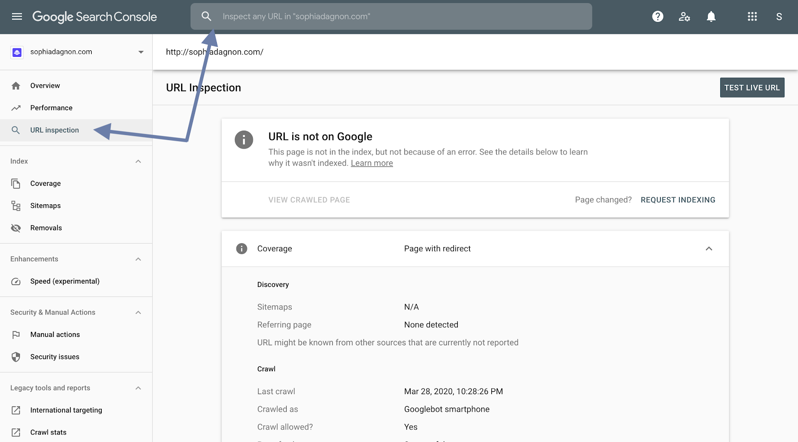 Google Search Console URL inspection showing a URL that is not on Google