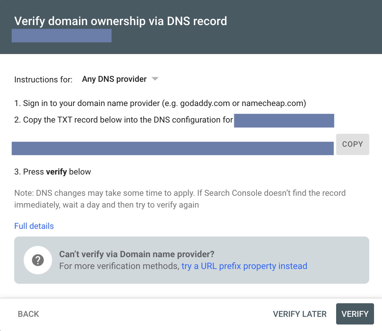 Google Search Console dialog to verify domain ownership with a DNS TXT record