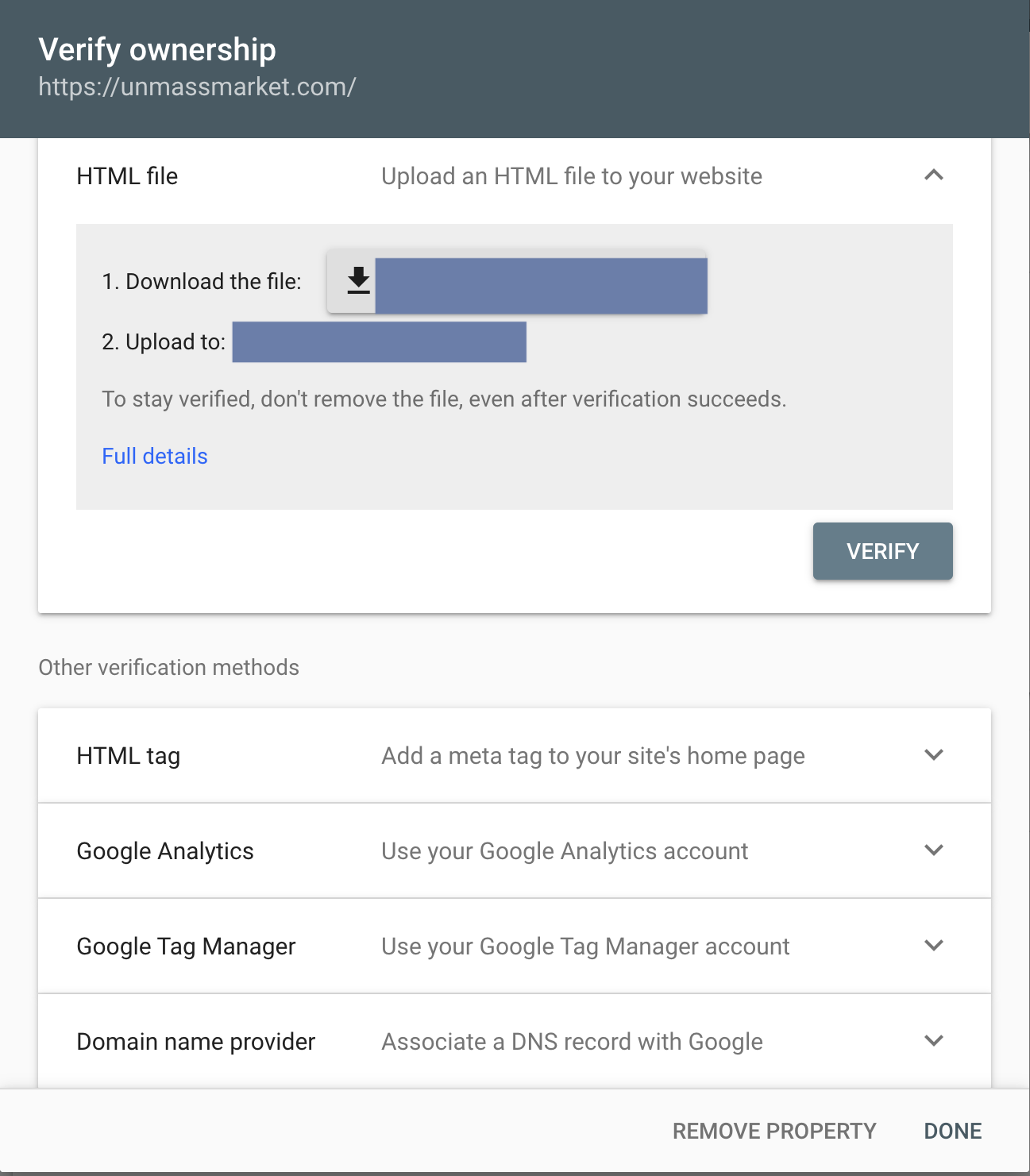 Google Search Console verification options, HTML file upload expanded