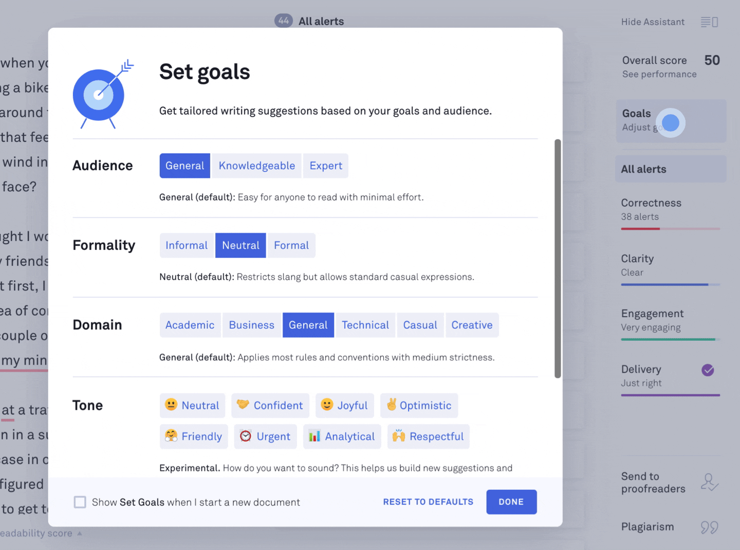Grammarly Set Goals dialog with audience, formality, domain and tone options