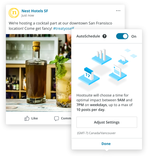 Hootsuite AutoSchedule panel next to a scheduled social post