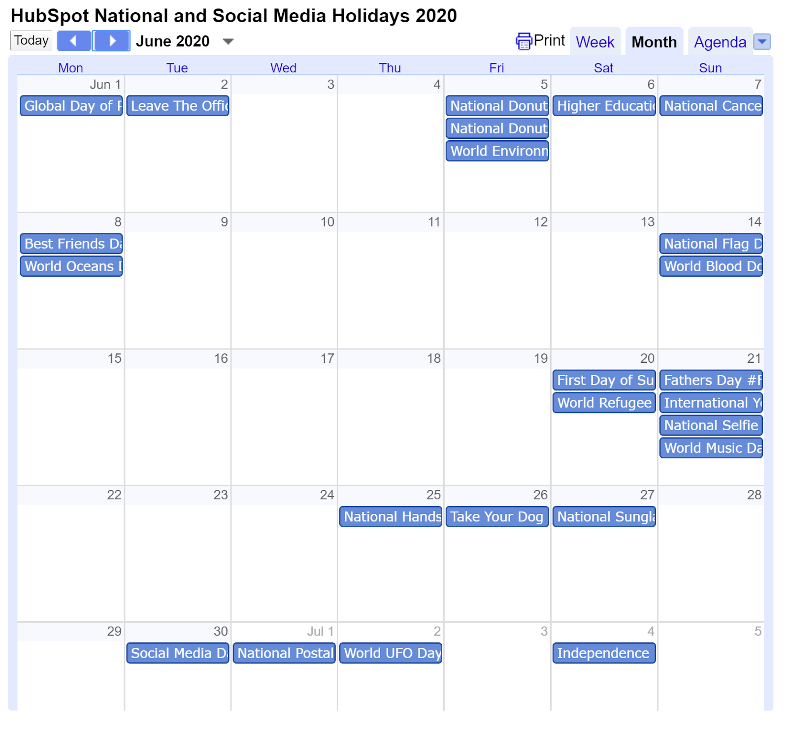 HubSpot National and Social Media Holidays calendar for June 2020