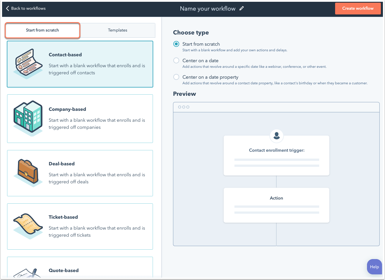 HubSpot workflow builder choosing a contact-based workflow