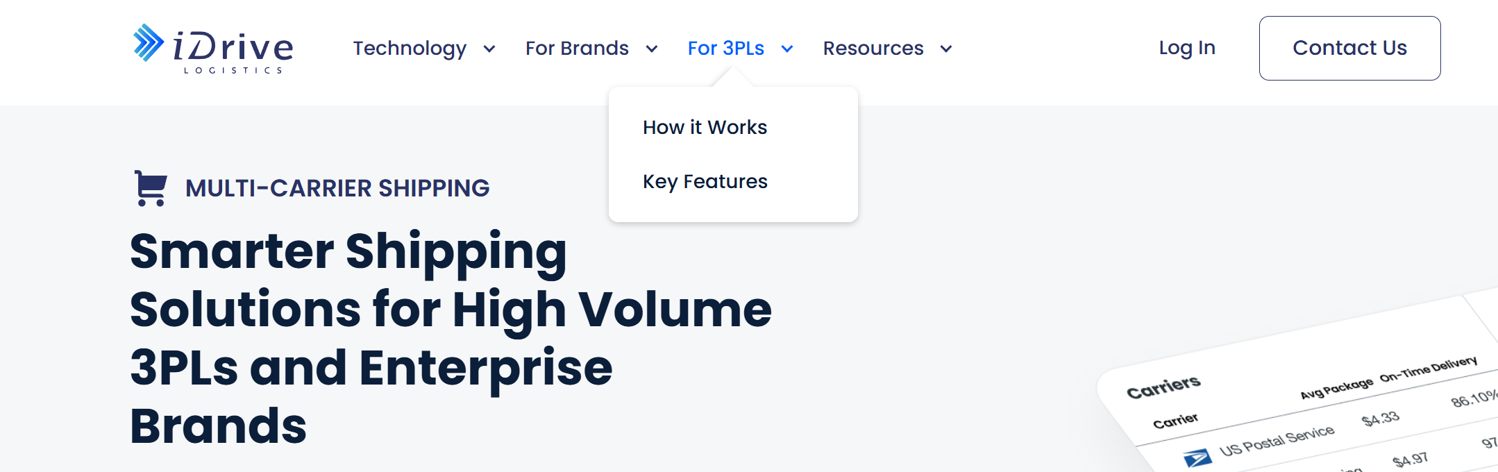 iDrive Logistics header after the redesign: Technology, For Brands, For 3PLs (open) and Resources menus, headline 'Smarter Shipping Solutions for High Volume 3PLs and Enterprise Brands'