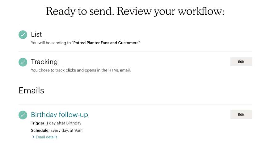 Mailchimp automation editor showing a workflow ready to send