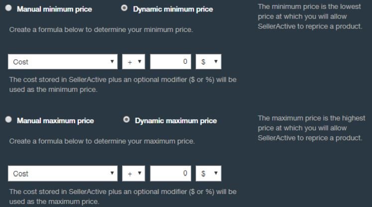 SellerActive settings for dynamic minimum and maximum repricing formulas