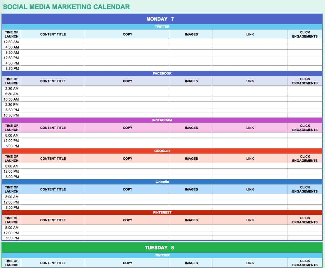 Smartsheet social media marketing calendar template with per-network posting slots